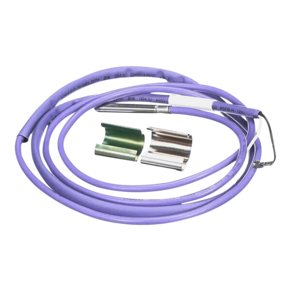 A Carrier Air Freeze thermistor with a violet cable and metal connector.