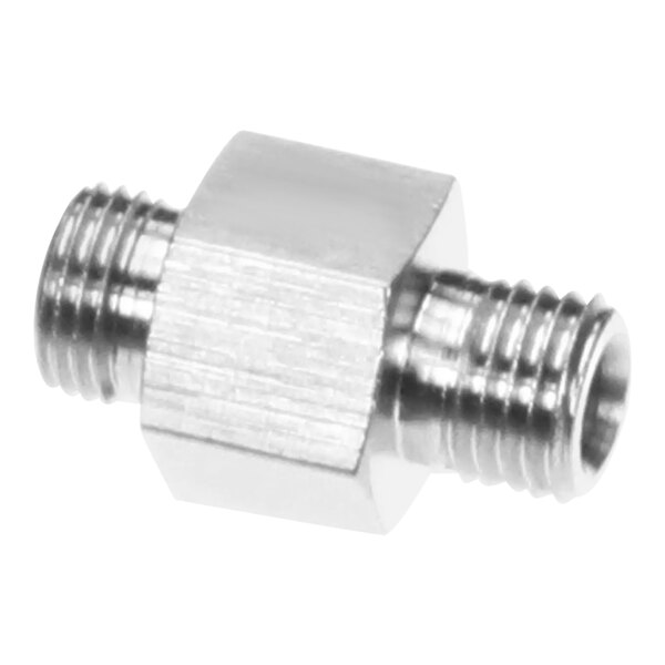 A close-up of a stainless steel threaded Bunn connector.
