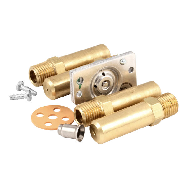 A group of brass American Range natural to propane conversion parts including a valve, two nuts, and a screw.