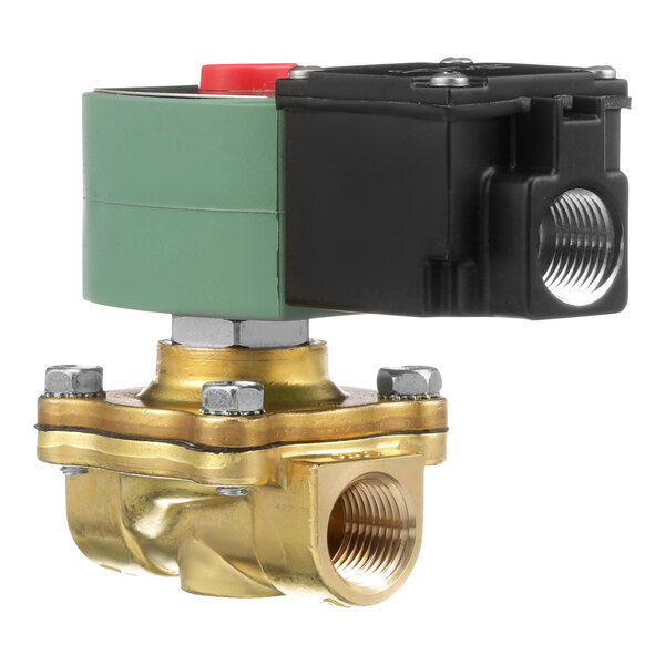 A close-up of an AllPoints Water Solenoid Valve with a brass and green valve.