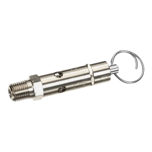 A Bunn stainless steel safety valve with a metal ring.