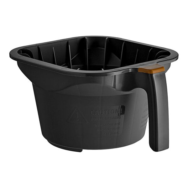 A black plastic container with a wooden handle.