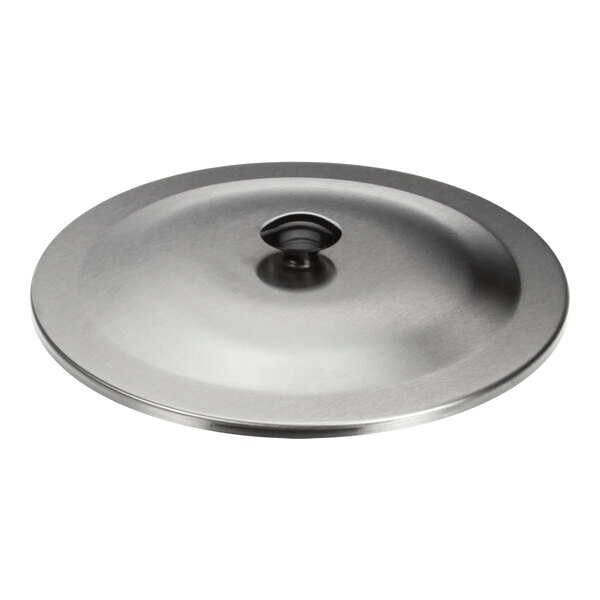 A stainless steel Bunn lid assembly with a black handle.