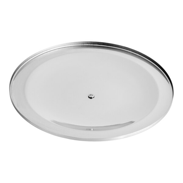 A round, flat, metallic lid with a small central knob or screw.