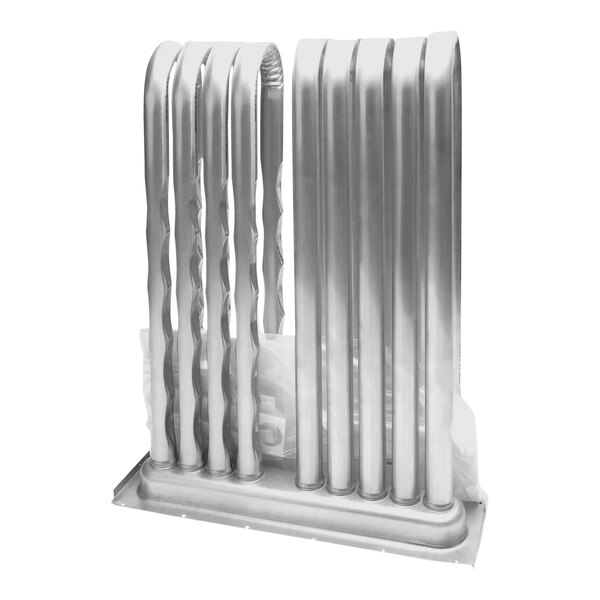 A silver heat exchanger with four metal tubes on top.