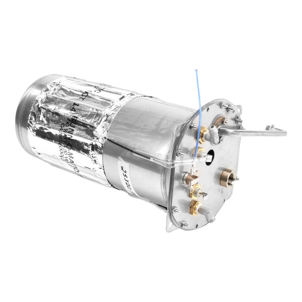 A silver cylinder with a blue coil inside.