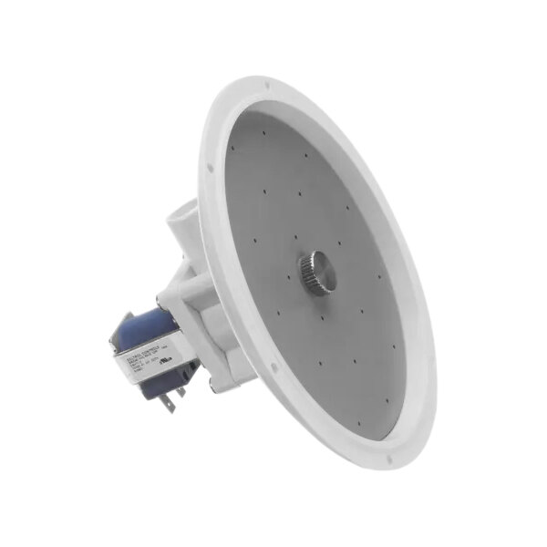 A white circular assembly with a blue and white motor.