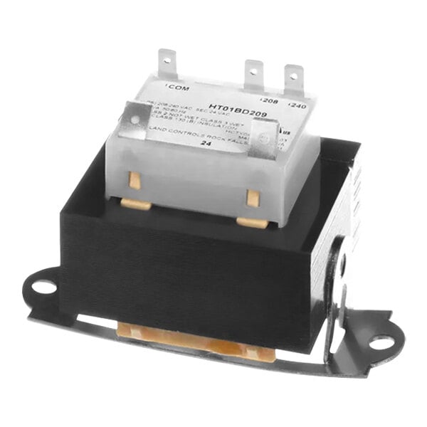 A close-up of a Carrier white electronic transformer with a black cover.