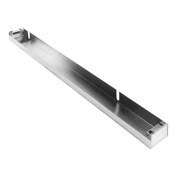 A stainless steel kick plate with holes for an American Range.