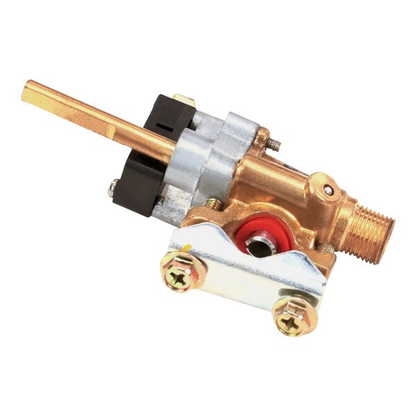 A brass American Range valve with a red and brass handle.