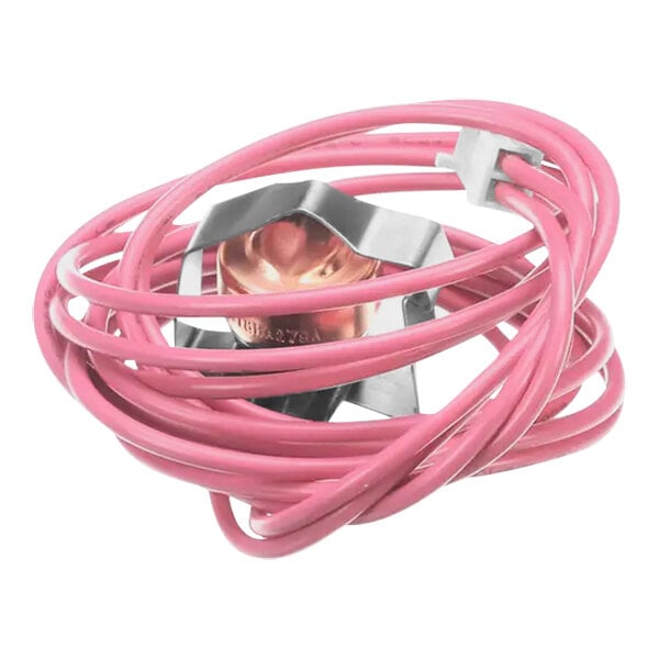 A pink wire wrapped around a metal object.