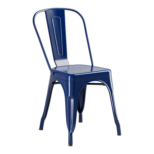 A blue metal chair with a blue seat.