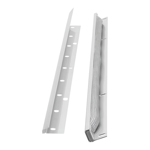 A pair of white metal strips with holes, used for a convection oven top door seal.