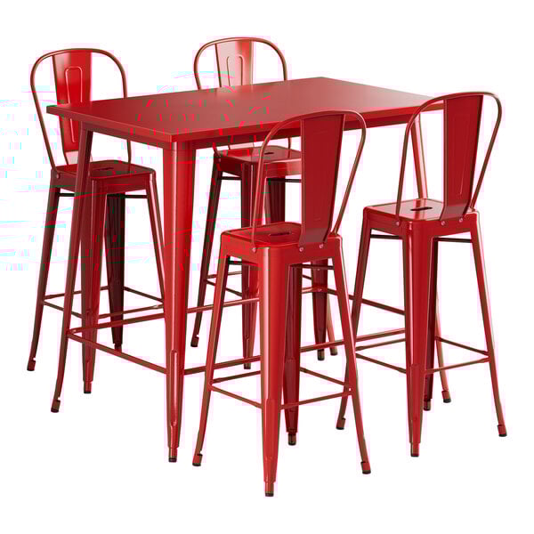 A Lancaster Table & Seating ruby red metal bar table with four red barstools.