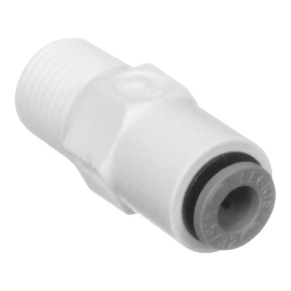 A white plastic Bunn fitting assembly with a black seal.