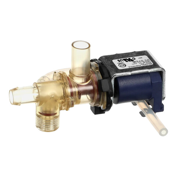 A close-up of a Bunn valve with a plastic hose attached.