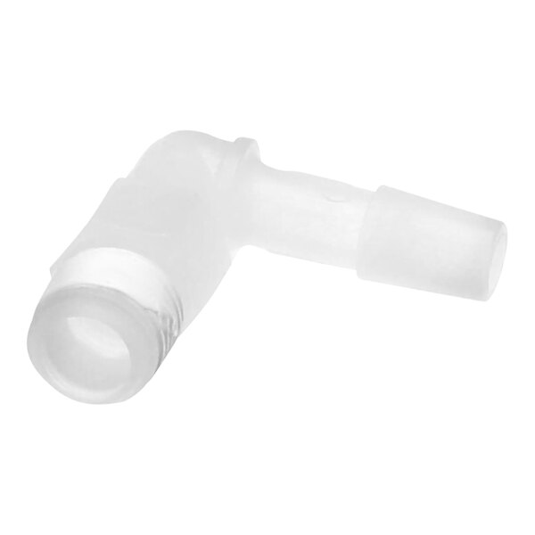 A white plastic Bunn elbow assembly with a small nozzle.