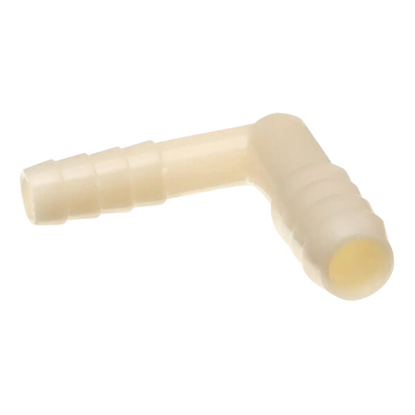 A white plastic elbow with a .25 X .38 barb connector.