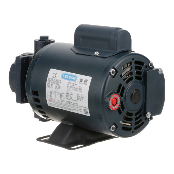 A black electric motor with a white label and a small red pump attached.