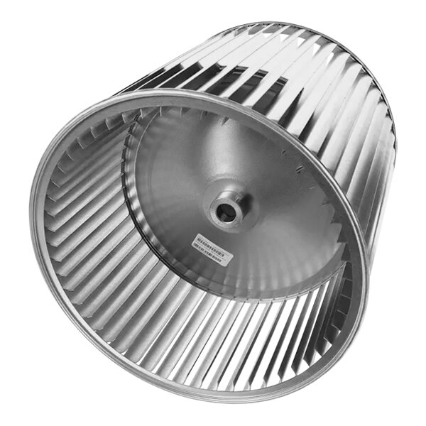 A silver metal Carrier blower wheel with a hole in the center.