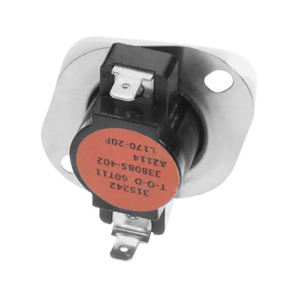 A small round black and orange Carrier limit switch with black text on a white label.