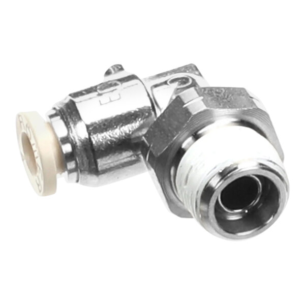 A close-up of a metal pipe fitting with a silver finish.
