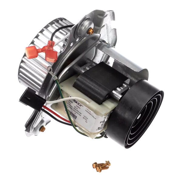 A Carrier inducer motor assembly with wires and a black plastic cylinder.