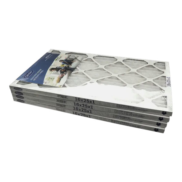 A stack of four Carrier Merv 8 air filters.