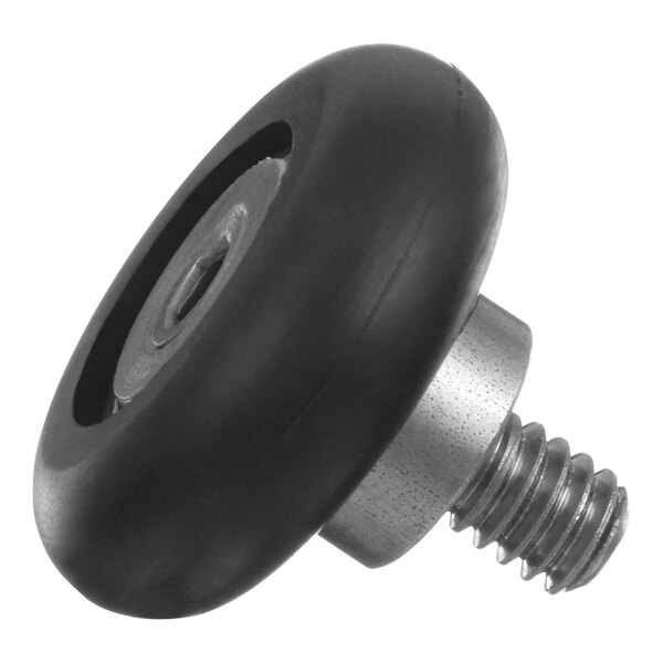A black wheel with a black coated AllPoints roller bearing screwed into it.