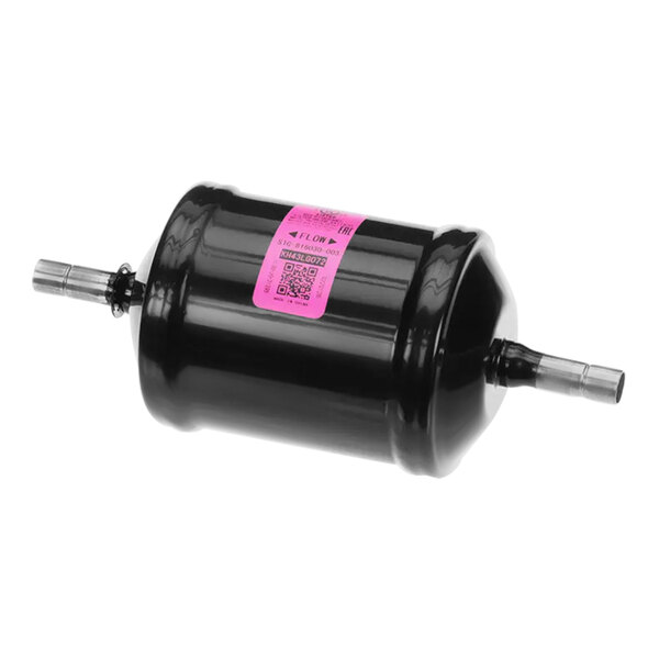 A black cylinder with a pink label.