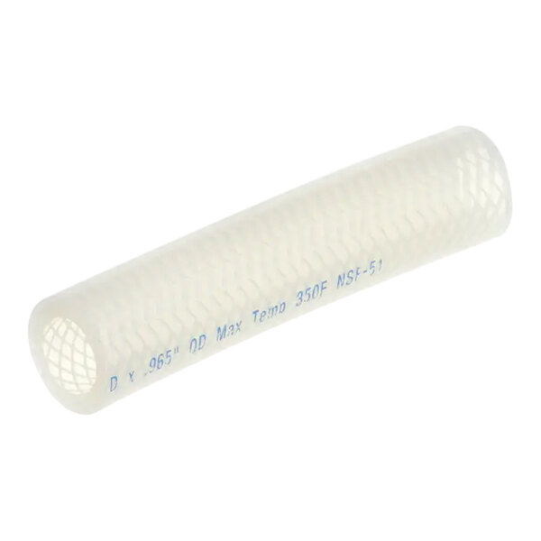A close-up of a flexible white plastic tube with blue writing.