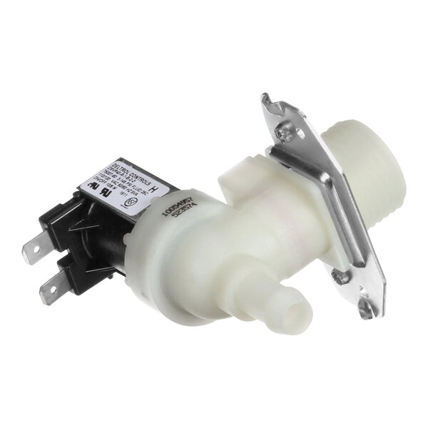 A white plastic valve with a metal holder.