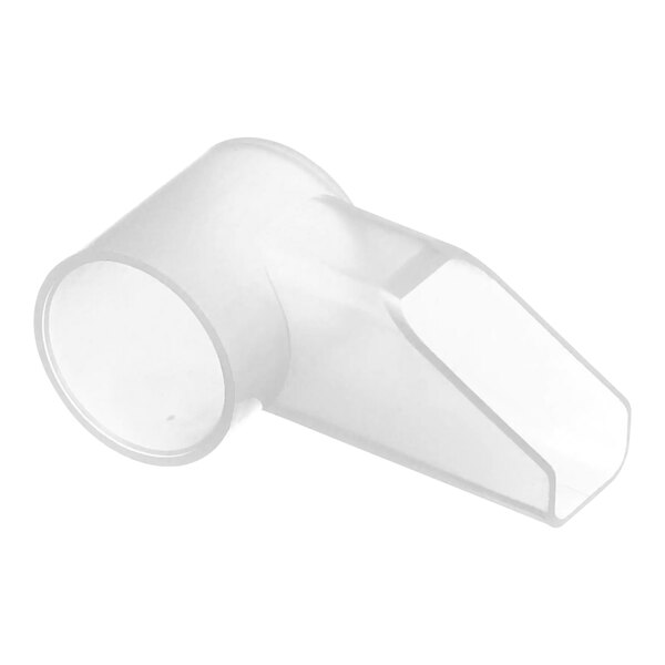 A clear plastic elbow with a white plastic handle.