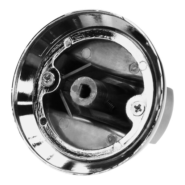 A close-up of a chrome metal American Range oven knob.