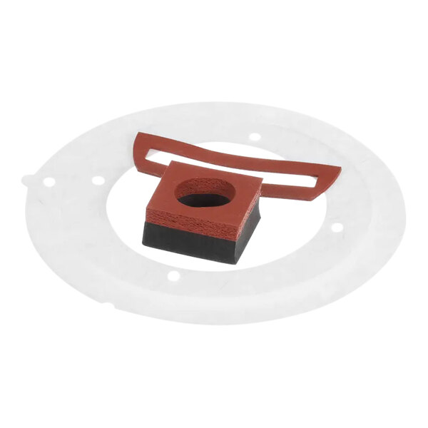A red and black rubber gasket with a hole in it.