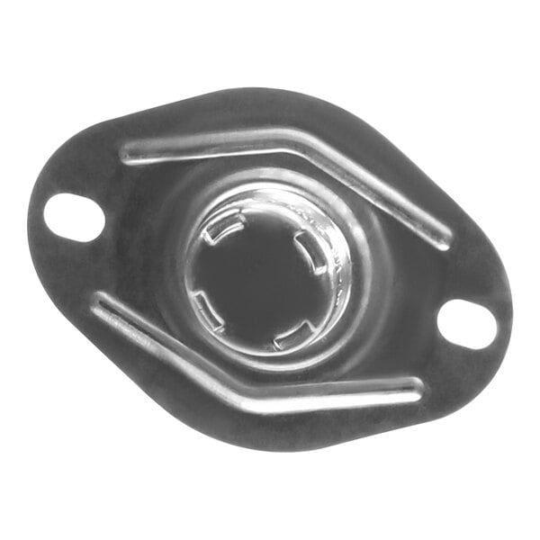 A black Carrier metal flame rollout switch plate with a hole in it.