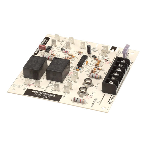 A Carrier HH84AA020 control board, a black rectangular object with white text on a white electronic board with black and silver components.