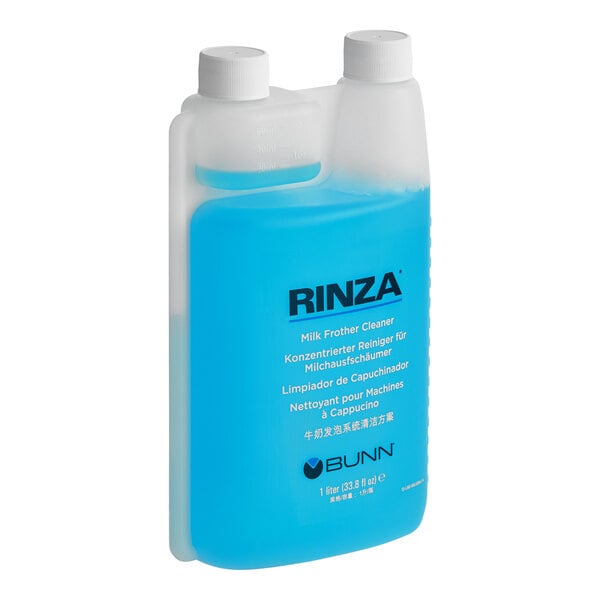 A blue bottle of Bunn Rinza liquid cleaner with a white label.