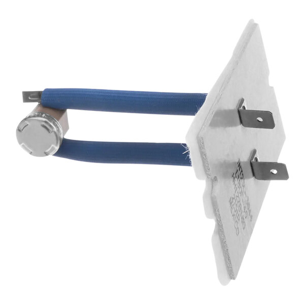 A close-up of a Carrier white and blue electrical limit switch with a metal handle.