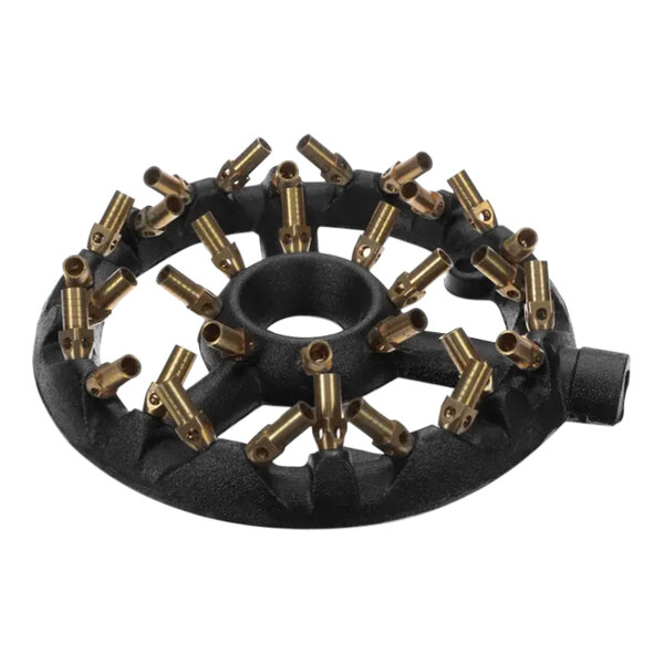 A black circular American Range A14090 wok burner with many brass tips.
