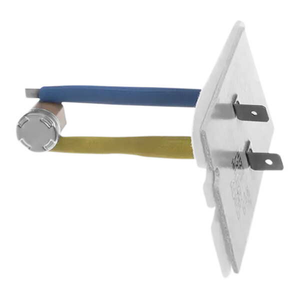 A close-up of a white rectangular Carrier auto limit switch with blue and white wires.