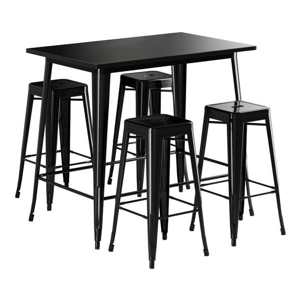 A Lancaster Table & Seating black bar height table with four black barstools.