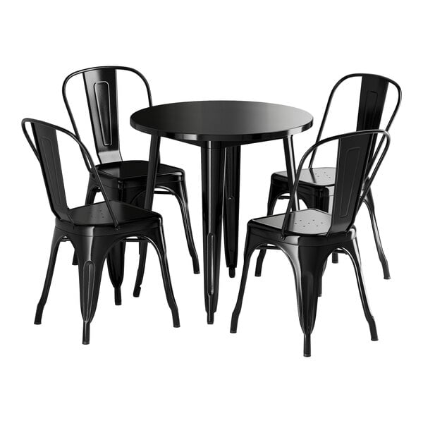 A Lancaster Table & Seating black metal table with four black chairs.