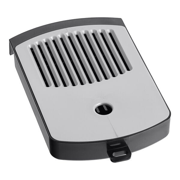 A black and white rectangular drip tray assembly with a grey and black air vent.
