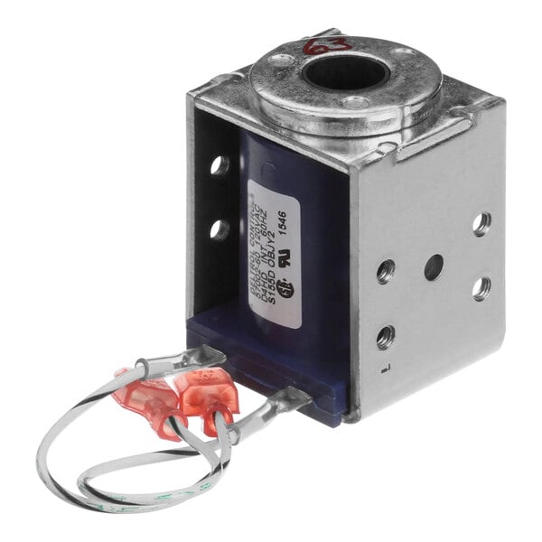 A small metal Bunn solenoid assembly box with wires and a red wire.