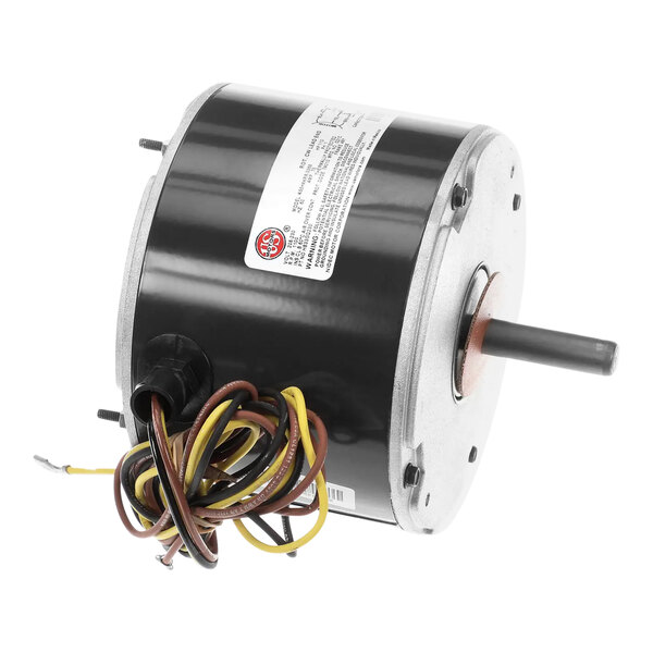 A black and white Carrier electric motor with wires on a white background.