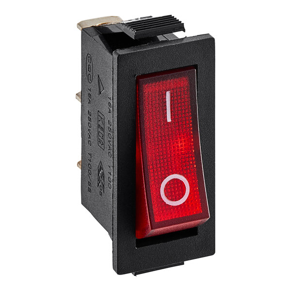 A close-up of an Avantco fan switch with a red rectangular button and a white circle.