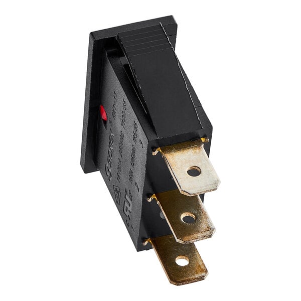 An Avantco fan switch with two black wires and two pins.