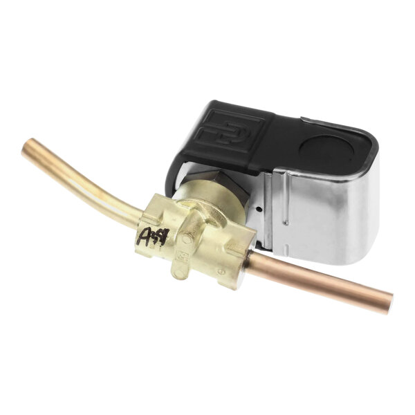 A close-up of a Carrier liquid line solenoid valve with metal pipes and a black cover.