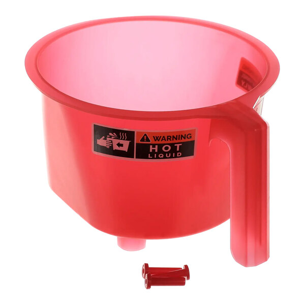 A red plastic Bunn Tea Funnel with a handle.